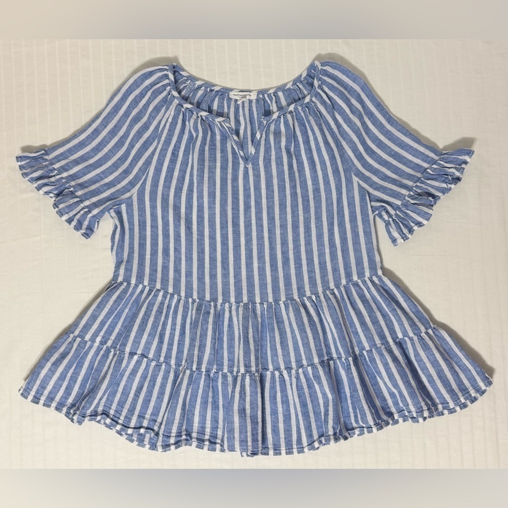 BEACH LUNCH LOUNGE Akia Linen-Blend Striped Top Ruffles Tiered Size S/P